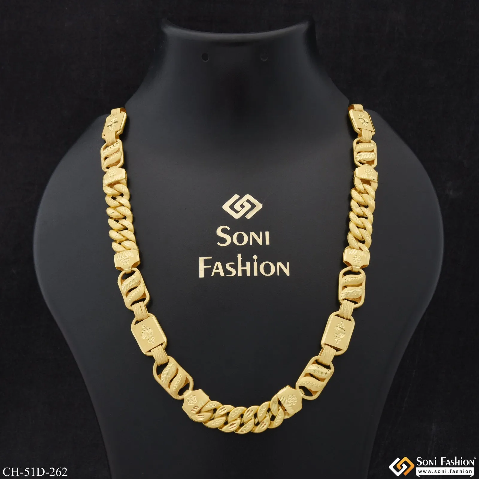 1 Gram Gold Plated 3 In 1 Rajwadi Glittering Design Chain for Men - Style D262