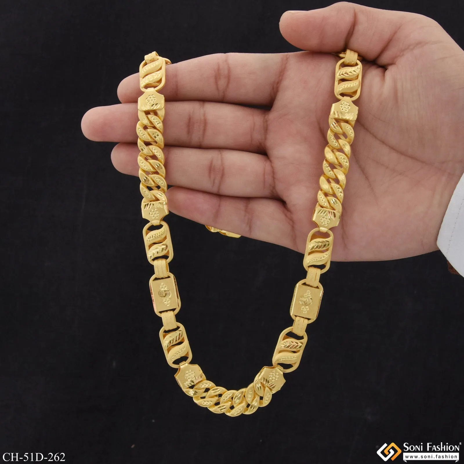 1 Gram Gold Plated 3 In 1 Rajwadi Glittering Design Chain for Men - Style D262