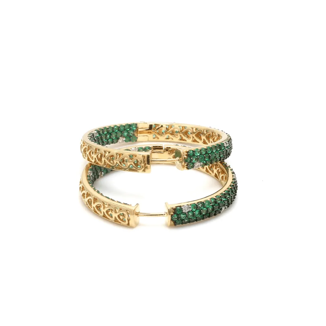 14K & 18K Gold Emerald & Diamond Inside Outside Hoop Earrings