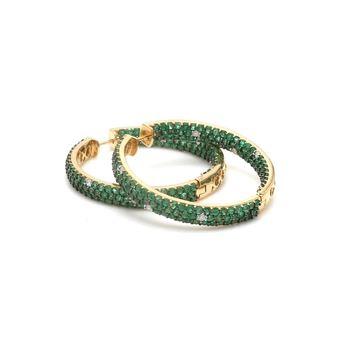 14K & 18K Gold Emerald & Diamond Inside Outside Hoop Earrings