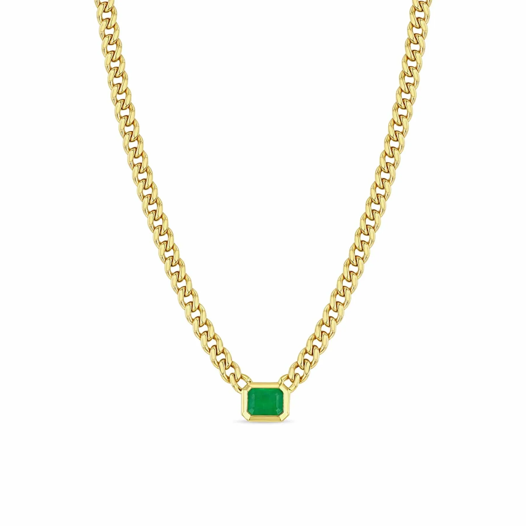 14k Medium Curb Chain Emerald Cut Emerald Bezel Necklace