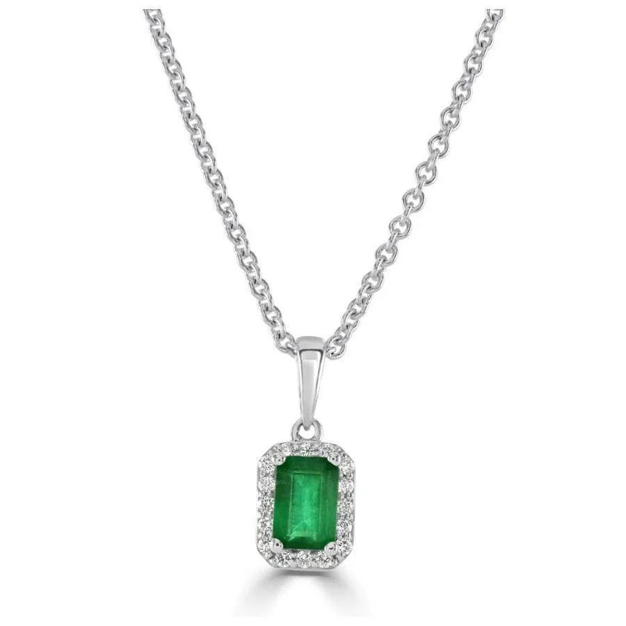 18ct White Gold Octagonal Cut Emerald & Diamond Halo Cluster Pendant