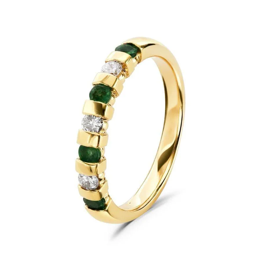 18ct Yellow Gold Emerald & Diamond Bar Set Half Eternity Ring