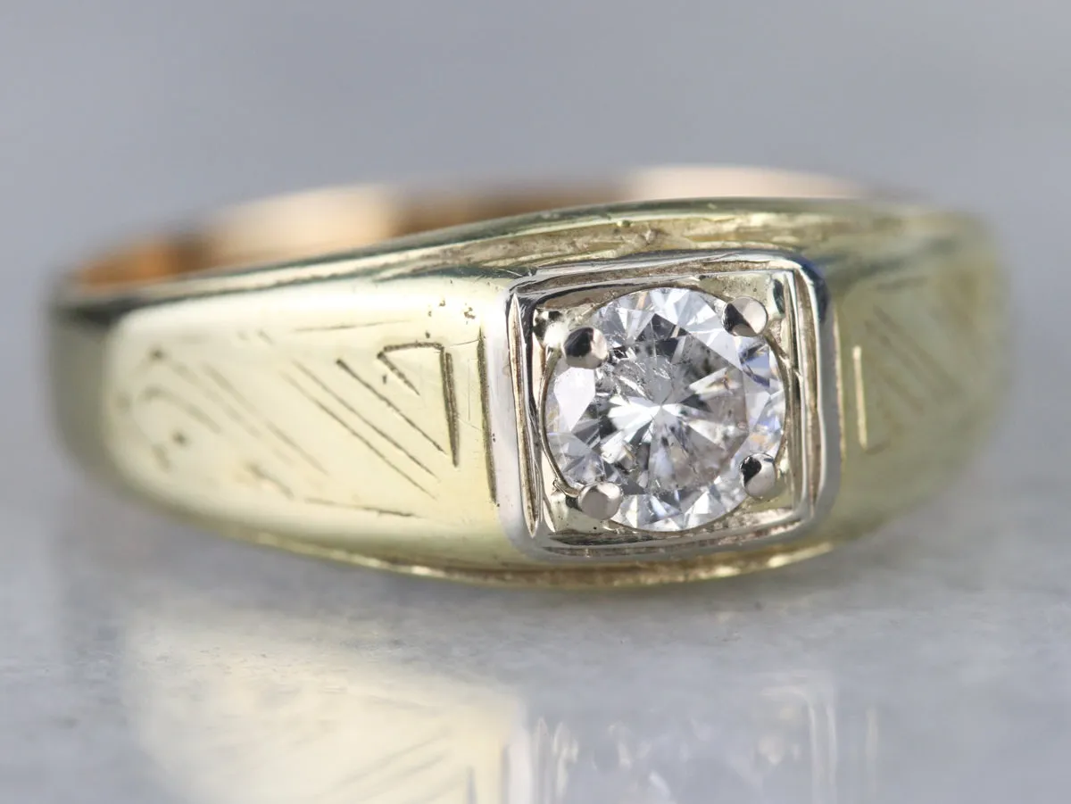 1930s Engraved Side Two Tone Mens Diamond Ring