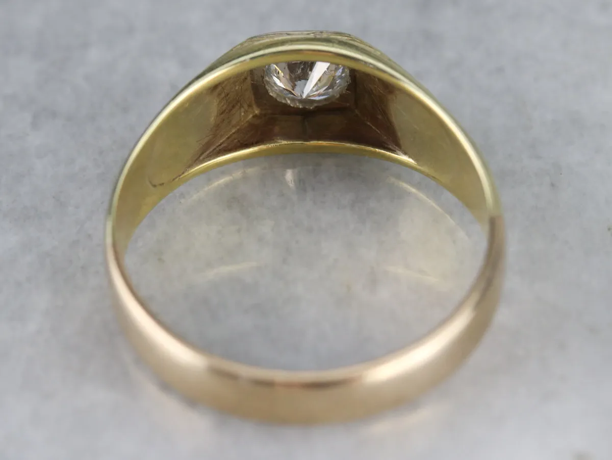 1930s Engraved Side Two Tone Mens Diamond Ring