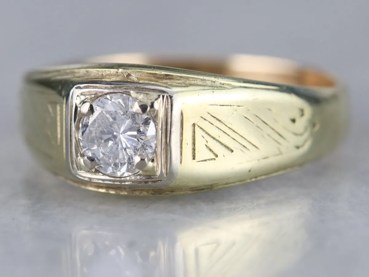 1930s Engraved Side Two Tone Mens Diamond Ring