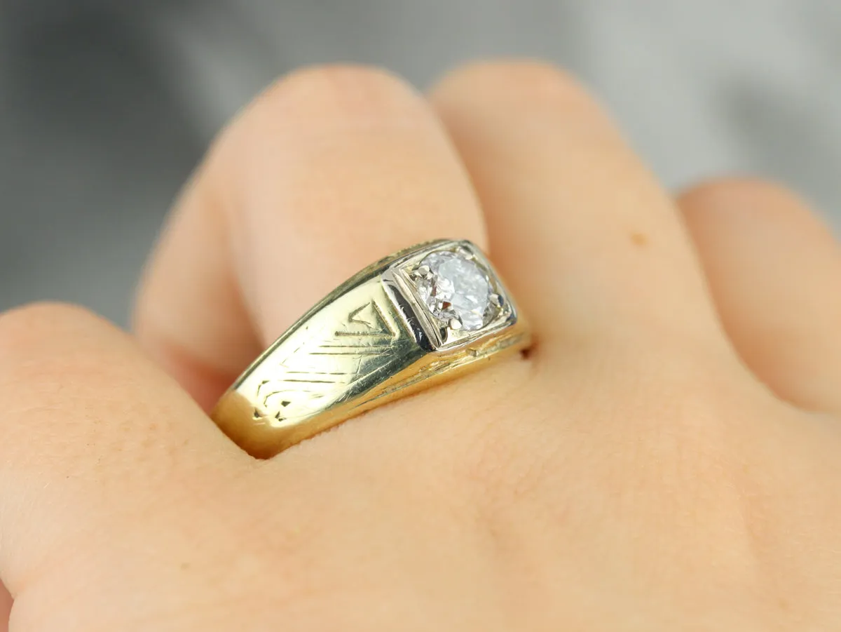 1930s Engraved Side Two Tone Mens Diamond Ring