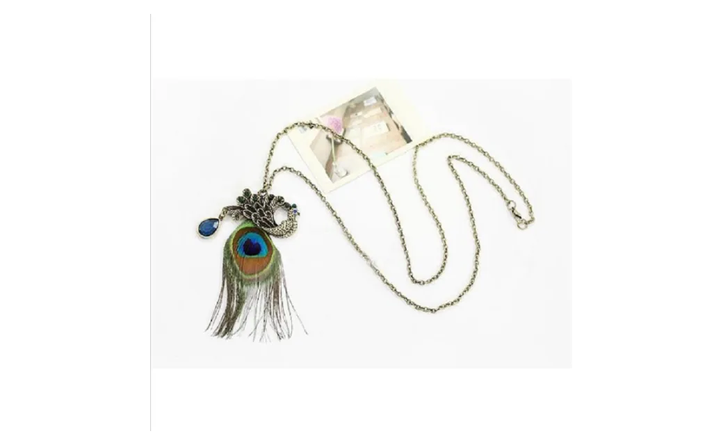 Alloy Bronze Peacock Feather With Water Drop Crystal Pendant Necklace