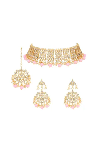 Alloy Necklace with Earrings and Maang Tikka in pink