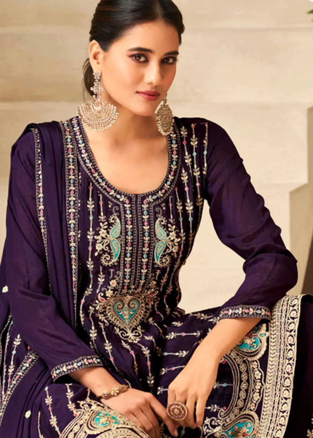 Amethyst Purple Heavy Chinnon Wedding Festive Salwar Suit