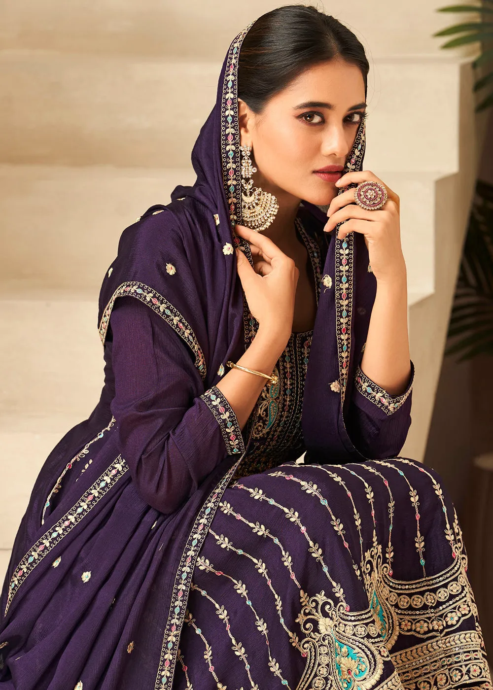 Amethyst Purple Heavy Chinnon Wedding Festive Salwar Suit