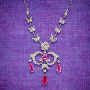 Antique Victorian Pink Paste Lavalier Necklace Sterling Silver Circa 1900