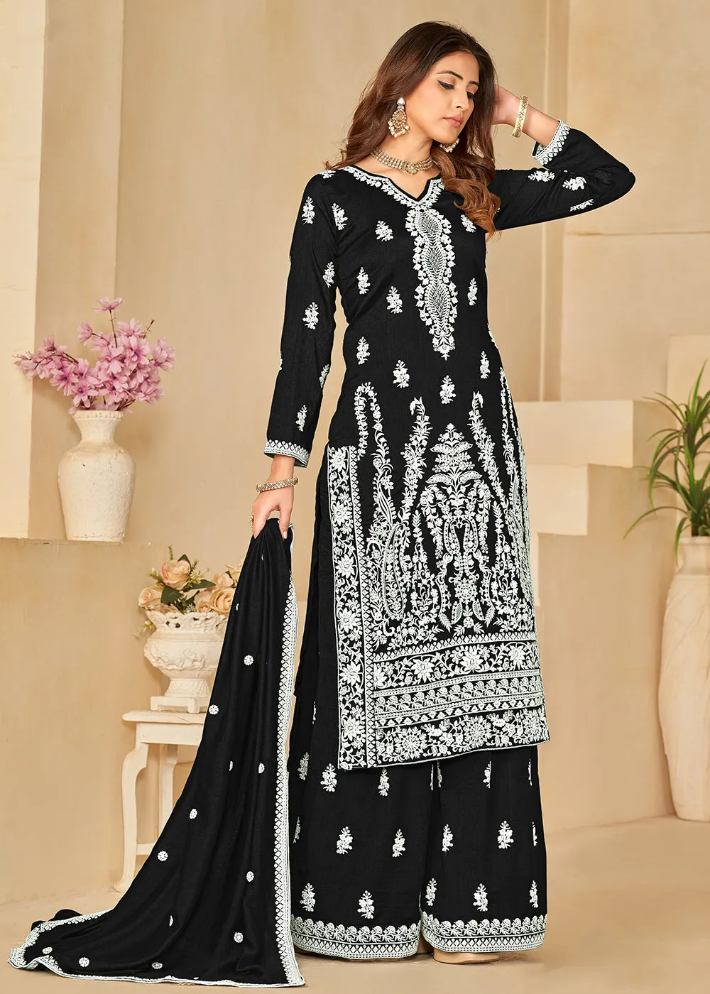 Art Silk Pretty Black Embroidered Palazzo Style Suit