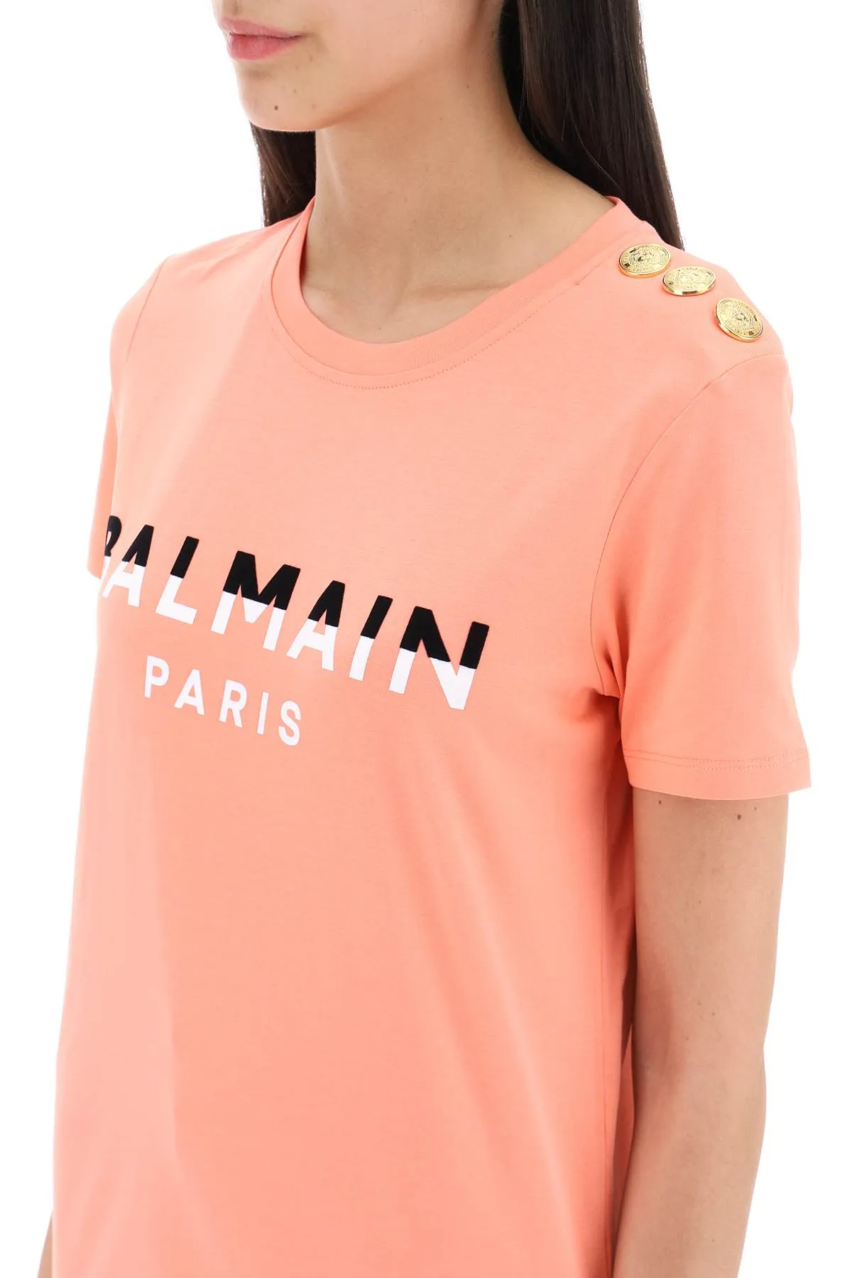 Balmain t-shirt with flocked print and gold-tone buttons