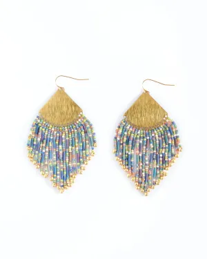 Beaded Handwoven Confetti Fringe Earrings in Blue/Green