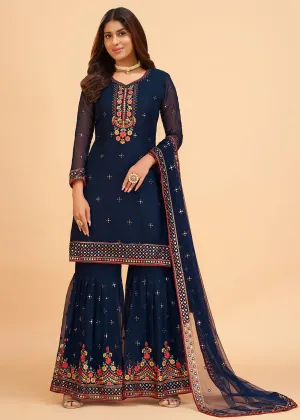 Beguiling Dark Blue Wedding Embroidered Sharara Suit