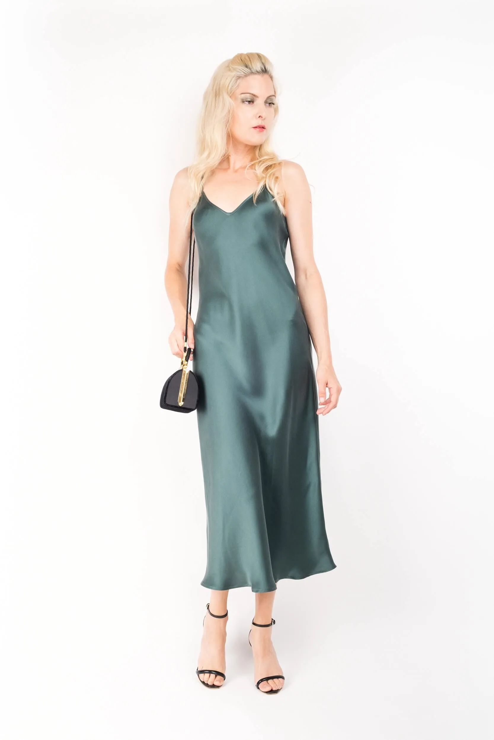 Bias-cut Vintage-Inspired Lightweight Silk Slip Dress - Emerald