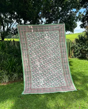 Block Print Green and Pink Floral Table Cloth Small