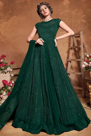 Bottle Green Net Embroidered Floor Length Anarkali Suit