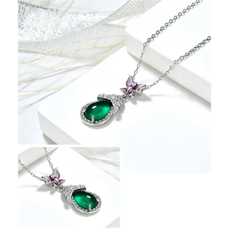 Buddha Stones 925 Sterling Silver Green Chalcedony Butterfly Zircon Courage Necklace Pendant