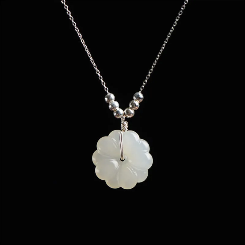 Buddha Stones 925 Sterling Silver Hetian White Jade Cosmos Flower Happiness Necklace Pendant