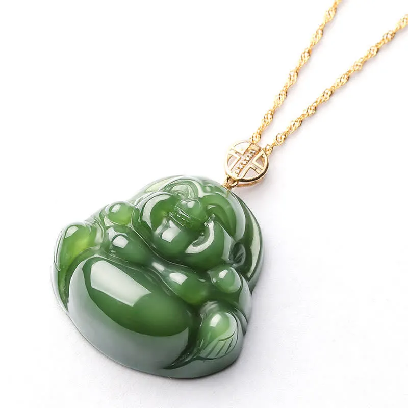 Buddha Stones 925 Sterling Silver Laughing Buddha Hetian Cyan Jade 18K Gold Success Necklace Chain Pendant