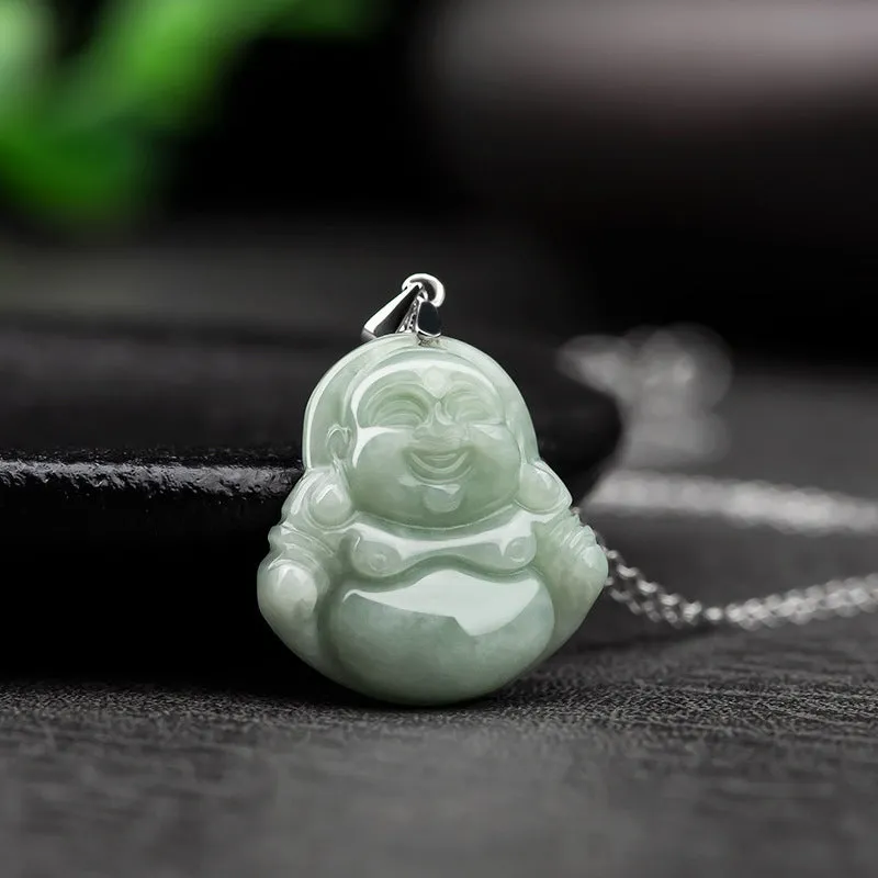 Buddha Stones 925 Sterling Silver Laughing Buddha Jade Blessing Necklace Chain Pendant