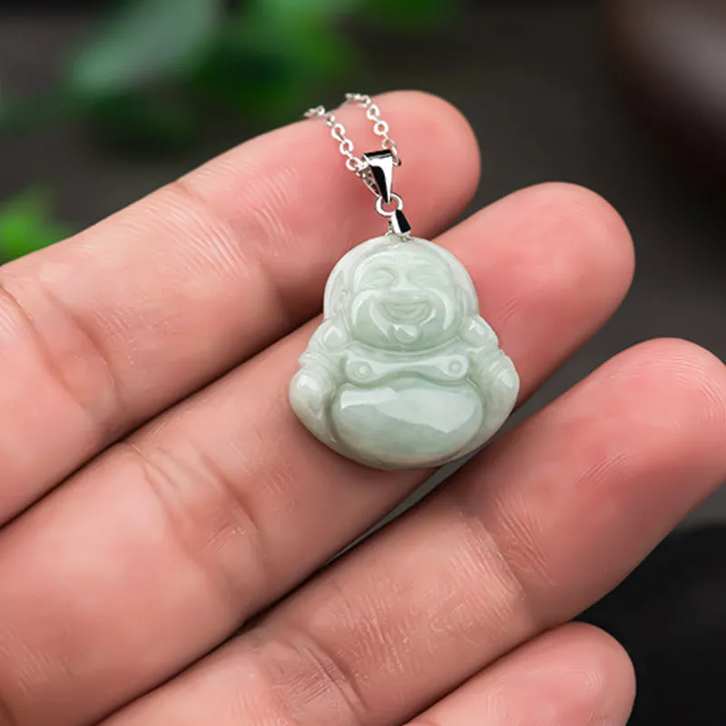 Buddha Stones 925 Sterling Silver Laughing Buddha Jade Blessing Necklace Chain Pendant