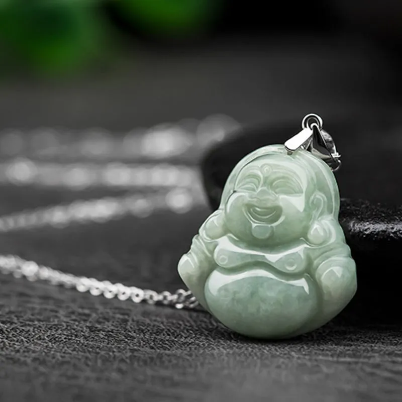 Buddha Stones 925 Sterling Silver Laughing Buddha Jade Blessing Necklace Chain Pendant