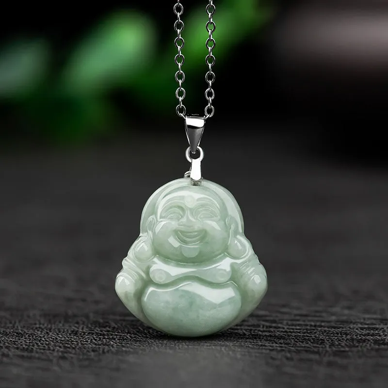 Buddha Stones 925 Sterling Silver Laughing Buddha Jade Blessing Necklace Chain Pendant