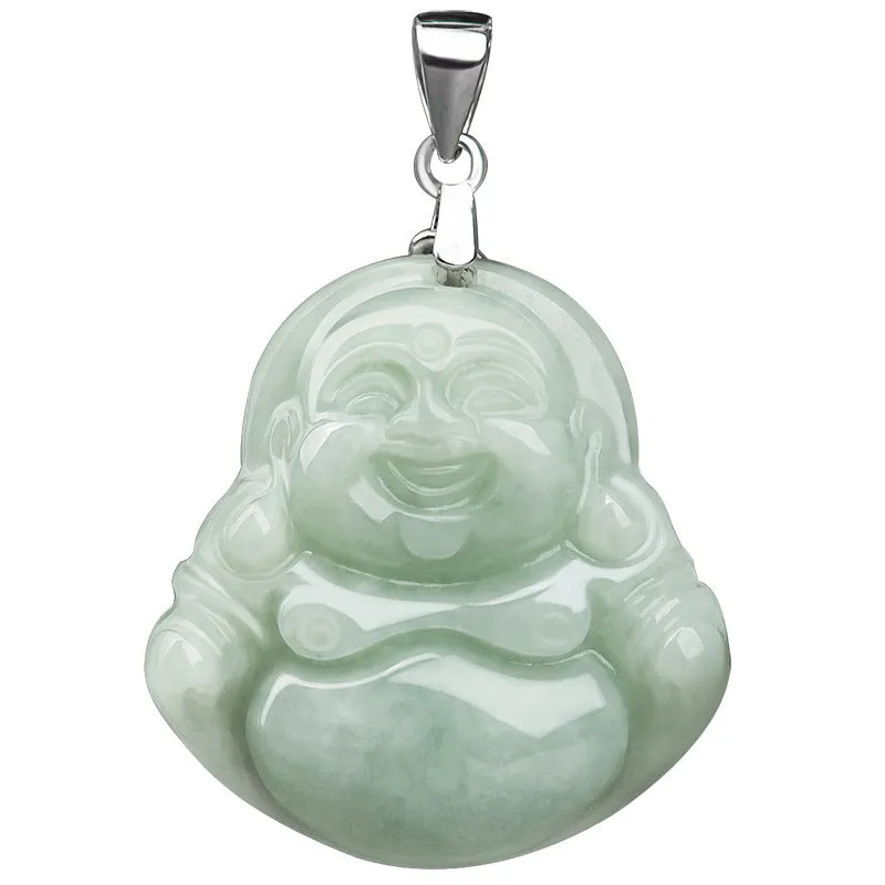 Buddha Stones 925 Sterling Silver Laughing Buddha Jade Blessing Necklace Chain Pendant