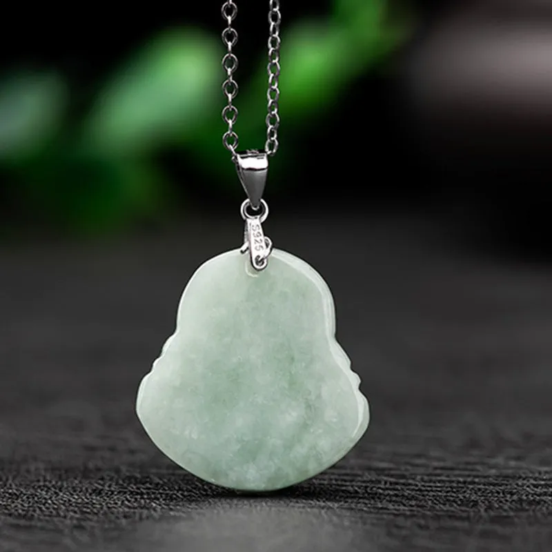 Buddha Stones 925 Sterling Silver Laughing Buddha Jade Blessing Necklace Chain Pendant