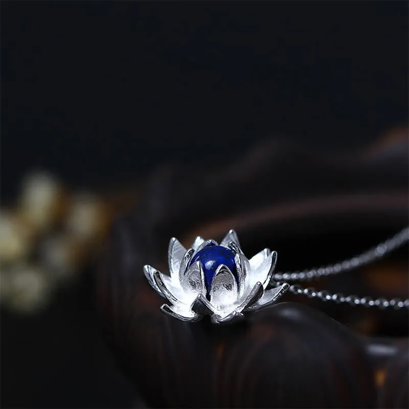 Buddha Stones 925 Sterling Silver Lazurite Lotus Flower Self Care Necklace Pendant