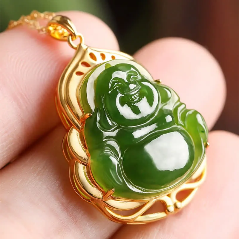 Buddha Stones 925 Sterling Silver Natural Hetian Cyan Jade Laughing Buddha 18K Gold Healing Necklace Chain Pendant