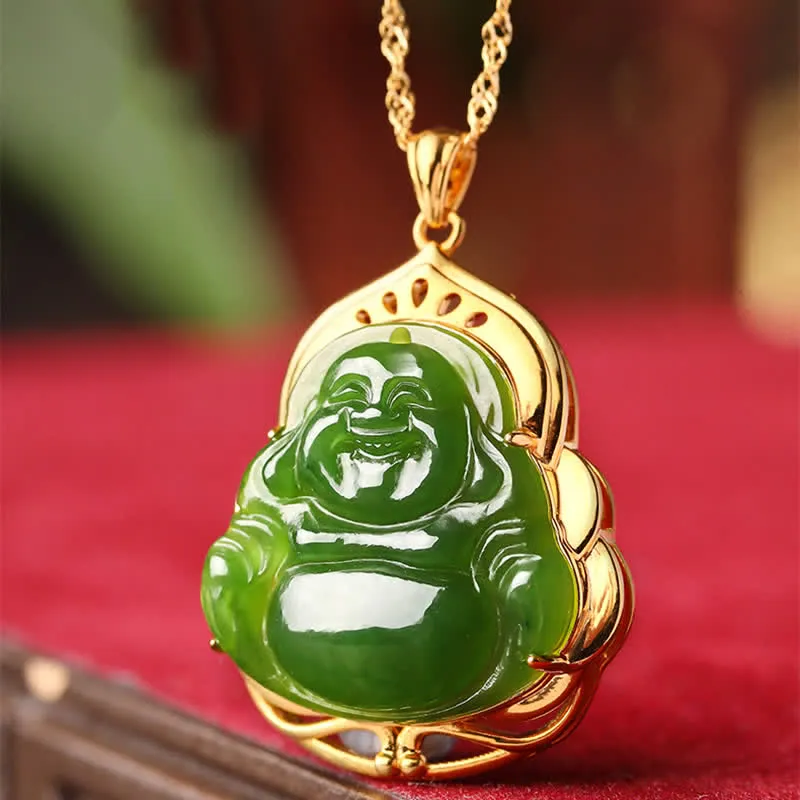 Buddha Stones 925 Sterling Silver Natural Hetian Cyan Jade Laughing Buddha 18K Gold Healing Necklace Chain Pendant