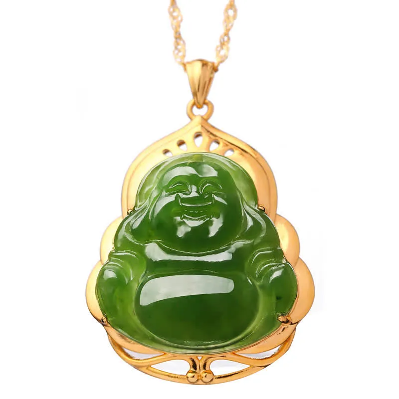 Buddha Stones 925 Sterling Silver Natural Hetian Cyan Jade Laughing Buddha 18K Gold Healing Necklace Chain Pendant