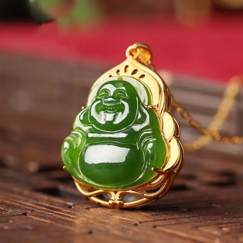 Buddha Stones 925 Sterling Silver Natural Hetian Cyan Jade Laughing Buddha 18K Gold Healing Necklace Chain Pendant