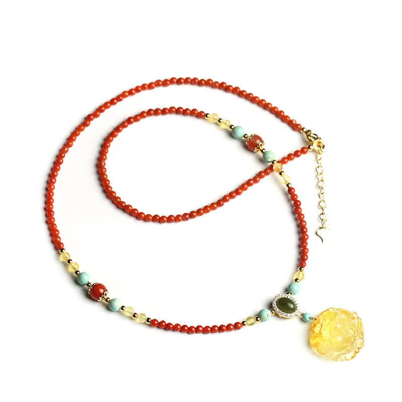 Buddha Stones 925 Sterling Silver Natural Red Agate Amber Peony Confidence Charm Necklace Pendant