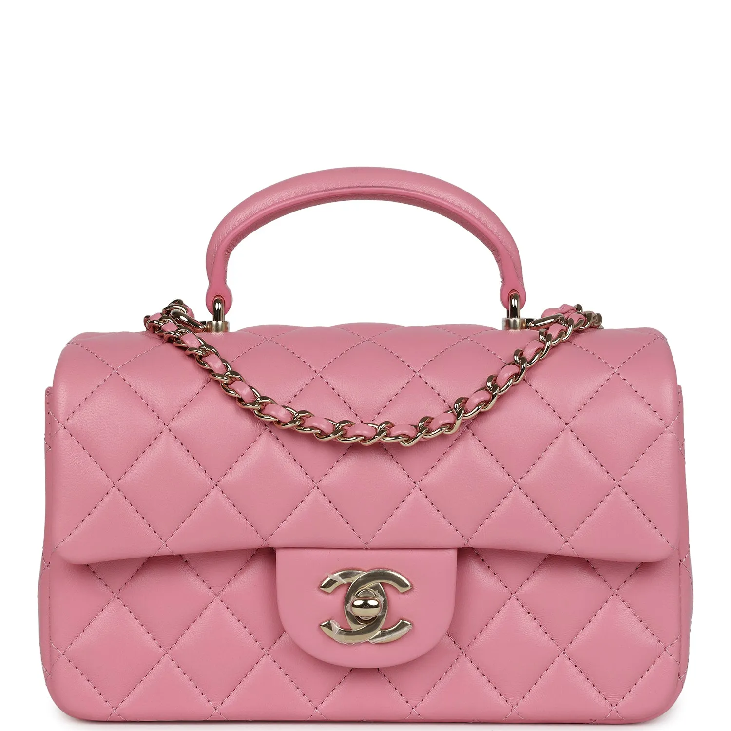 Chanel Mini Rectangular Flap Top Handle Dark Pink Lambskin Light Gold Hardware