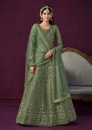 Charming Green Embroidered Net Floor Length Anarkali Suit