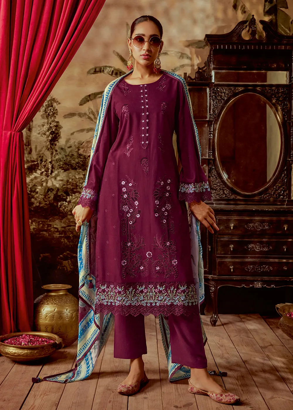 Charming Wine Parsi Style Embroidered Festive Salwar Suit