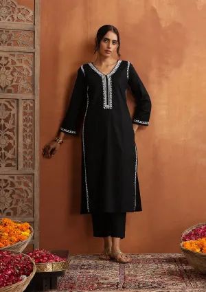 Cotton Chikankari Solid Women's 2 PC Long Kurta Set - Black