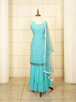 Cyan Blue Sharara Suit with Embroidered Top along with Dupatta