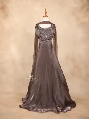 Dark Brown Gown with Sequins, Beads and Floral Design