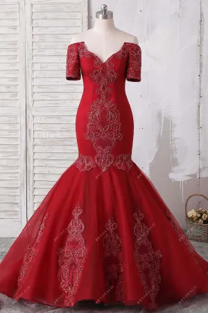 Dark Red Lace Off-the-shoulder Trumpet Prom Dress