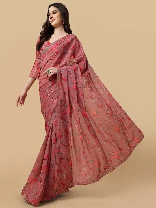 Digital Floral Printed Saree With Blouse Piece