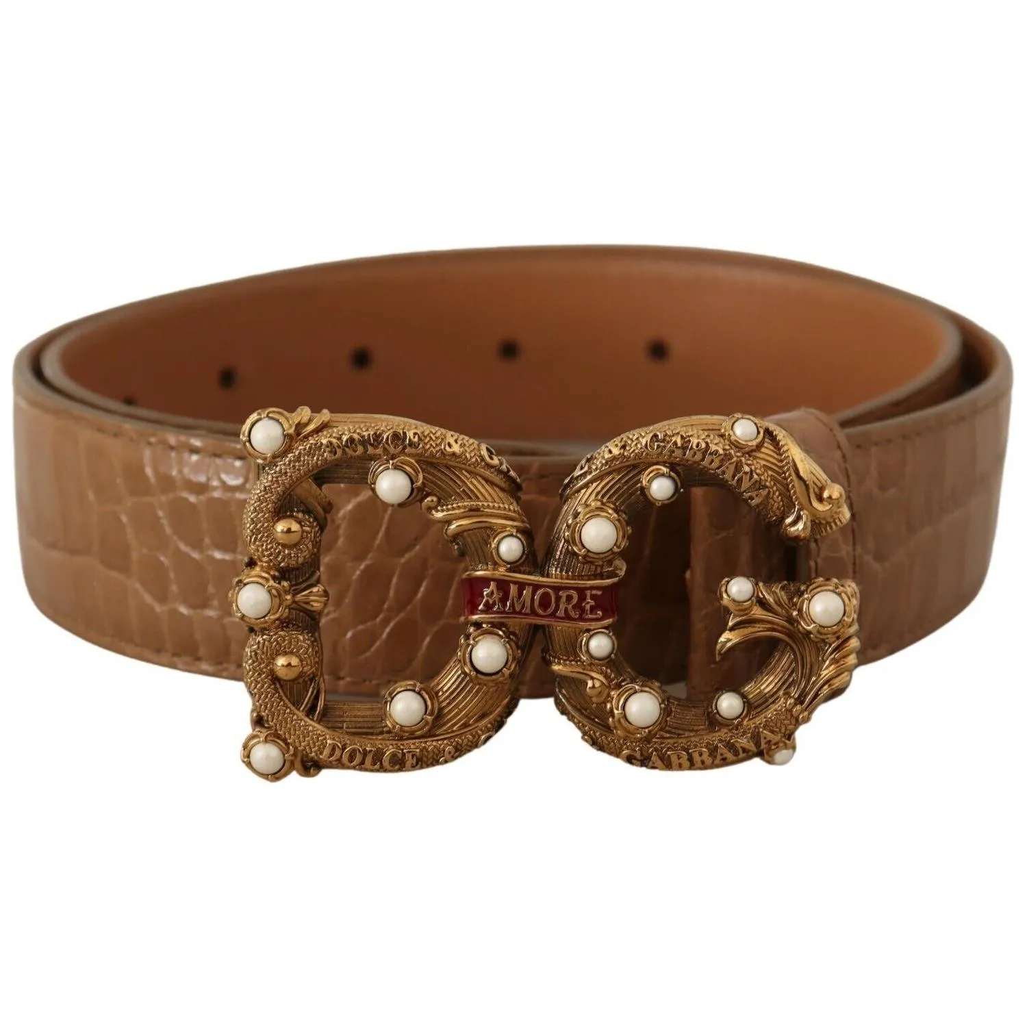 Dolce & Gabbana Elegant Croco Leather Amore Belt with Pearls