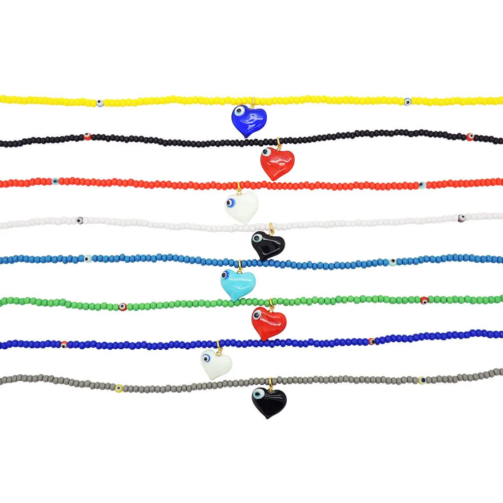 Evil Eye Bubble Heart Charm Glass Bead Choker