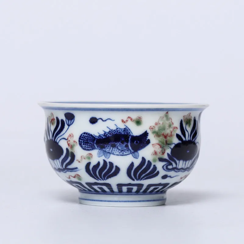 Gohobi Hand-painted Wood-fired Red, Blue and White Fish Yongle Hand-pressed Tea Cup