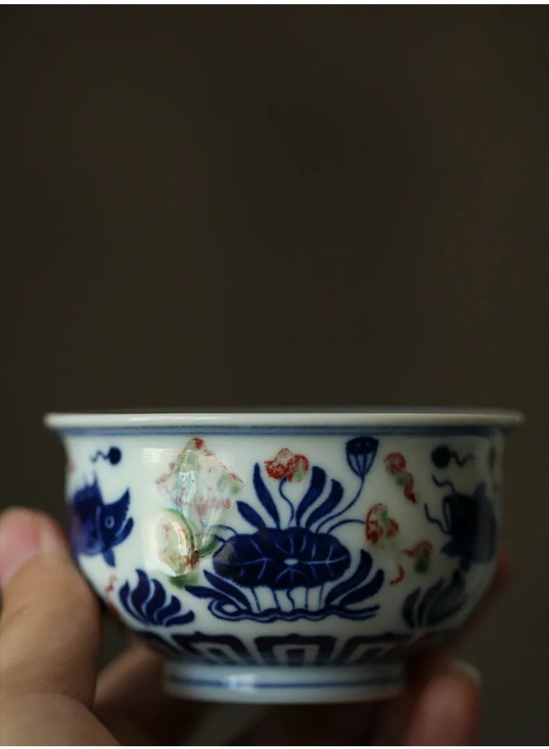 Gohobi Hand-painted Wood-fired Red, Blue and White Fish Yongle Hand-pressed Tea Cup